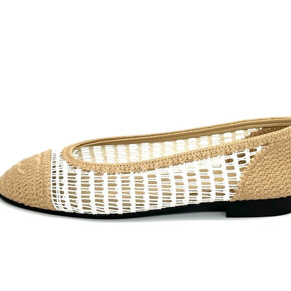 CHANEL REV CC Raffia Crochet Woven Two Tone Cap Toe Ballerina Ballet Flats - Picture 3 of 14